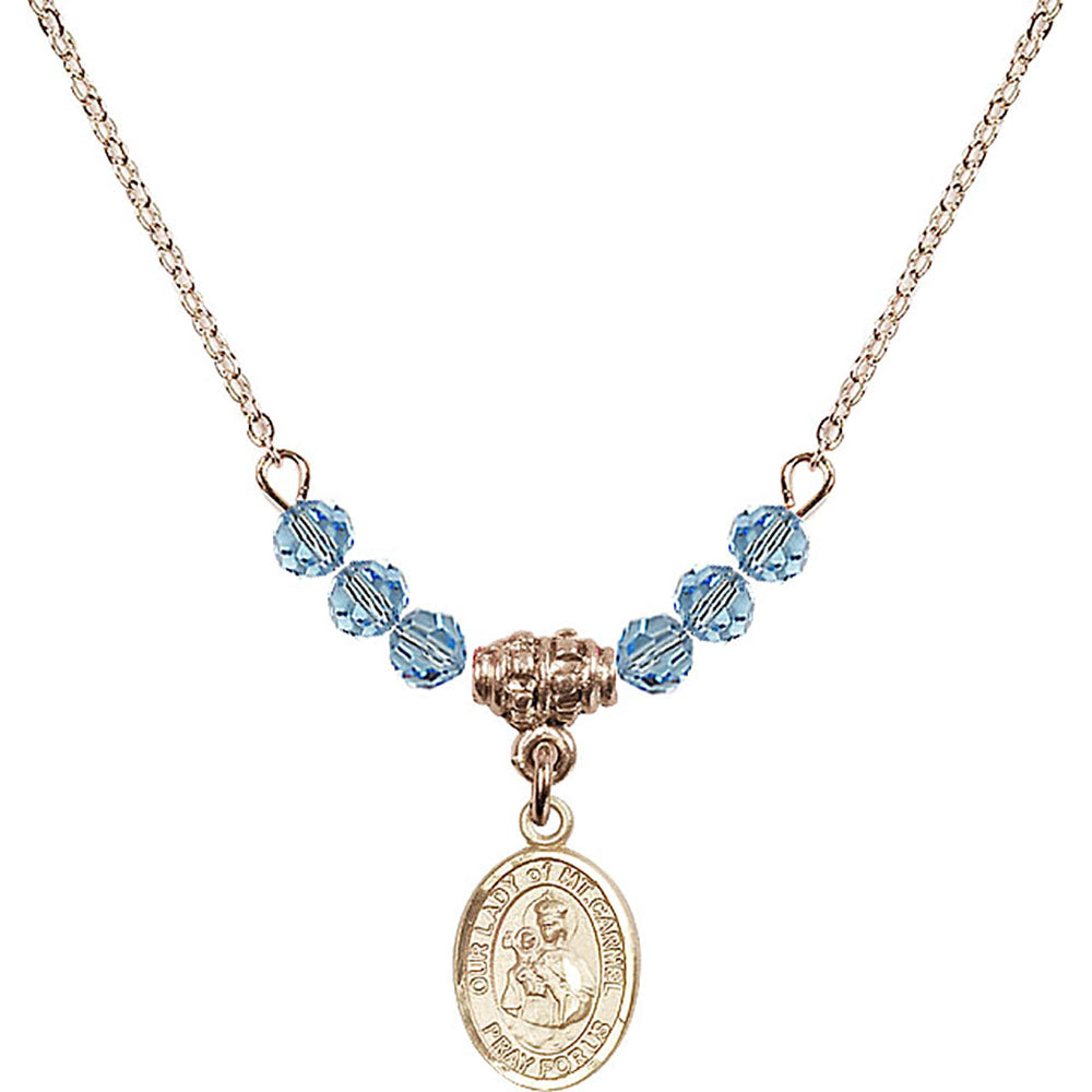 14kt Gold Filled Our Lady of Mount Carmel Birthstone Necklace with Aqua Beads - 9243