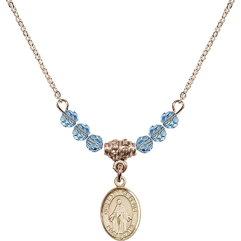 14kt Gold Filled Our Lady of Peace Birthstone Necklace with Aqua Beads - 9245