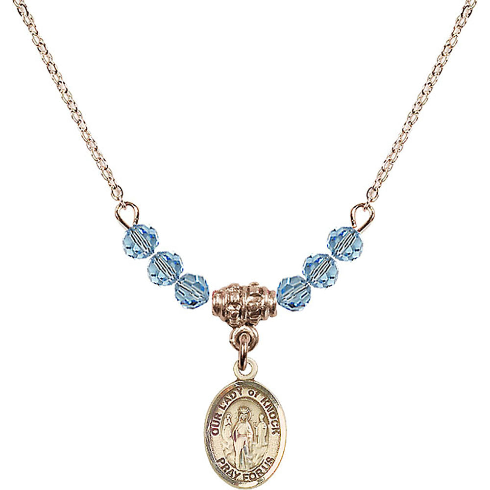 14kt Gold Filled Our Lady of Knock Birthstone Necklace with Aqua Beads - 9246