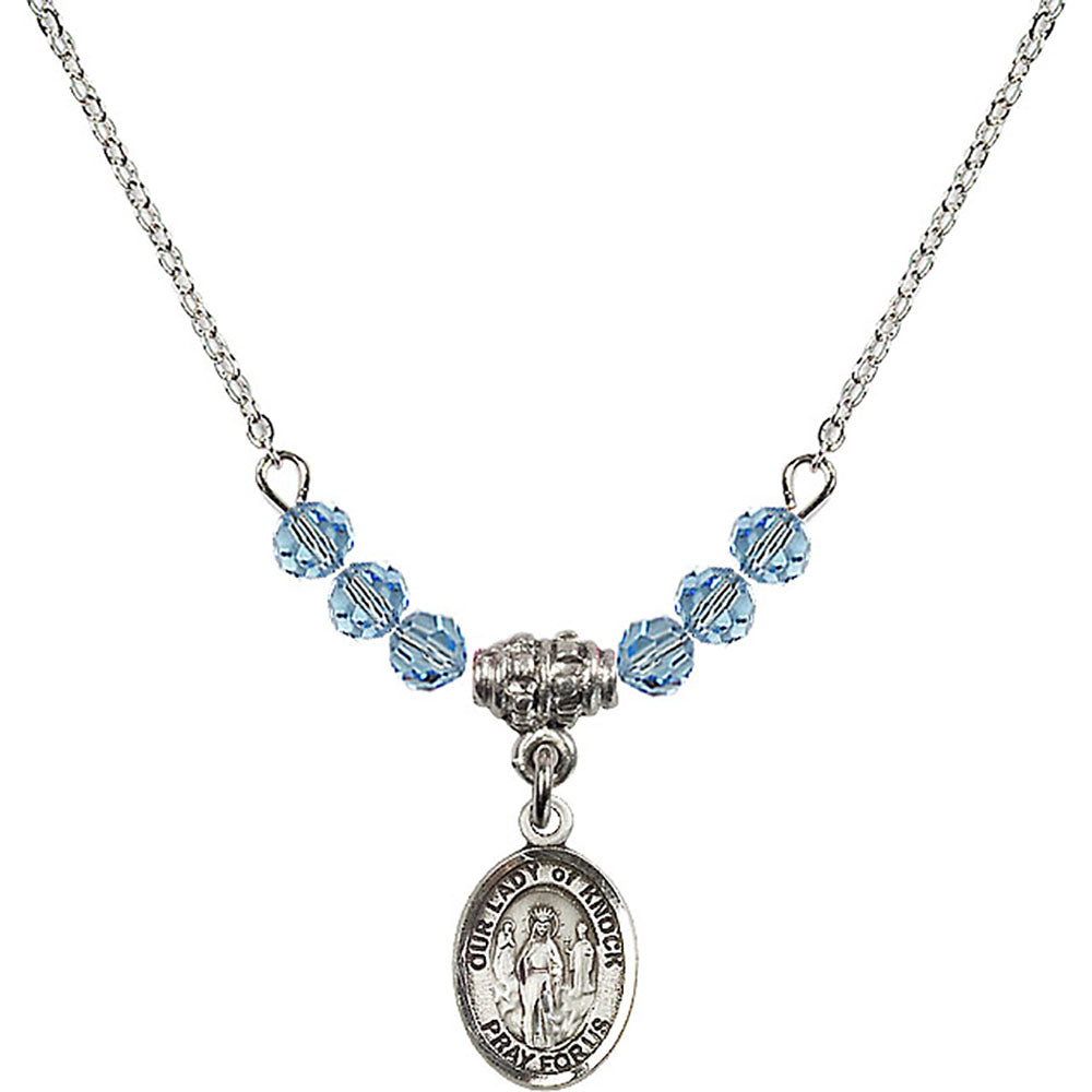Sterling Silver Our Lady of Knock Birthstone Necklace with Aqua Beads - 9246