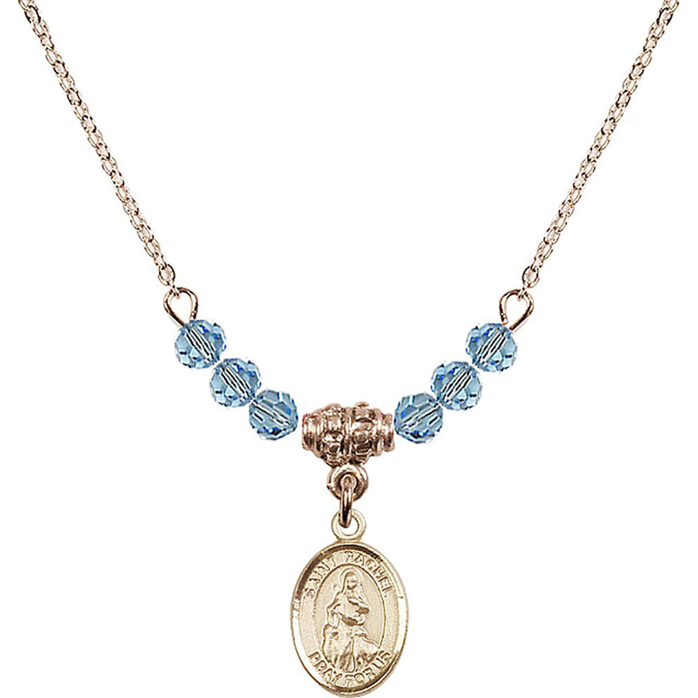 14kt Gold Filled Saint Rachel Birthstone Necklace with Aqua Beads - 9251