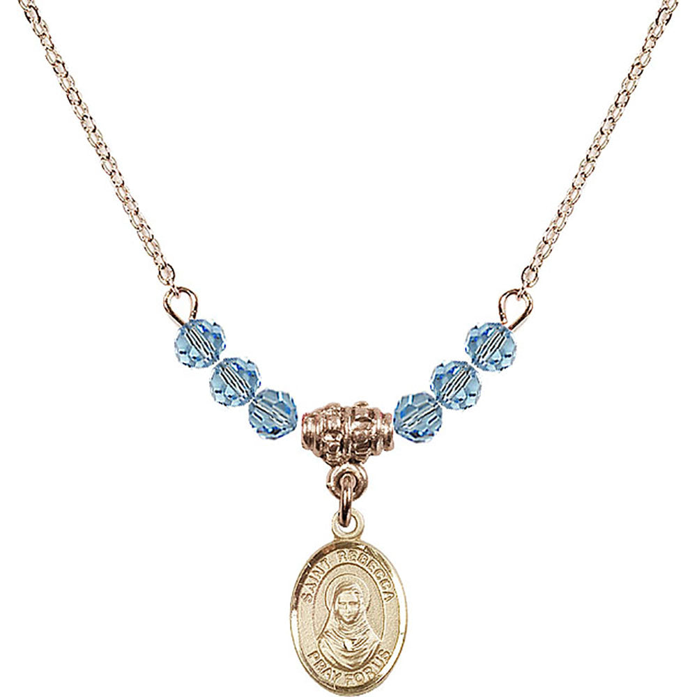14kt Gold Filled Saint Rebecca Birthstone Necklace with Aqua Beads - 9252