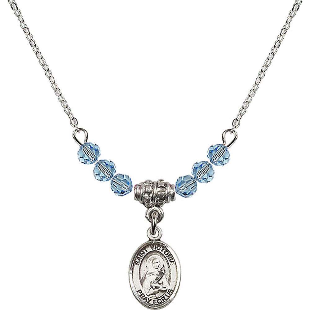 Sterling Silver Saint Victoria Birthstone Necklace with Aqua Beads - 9253