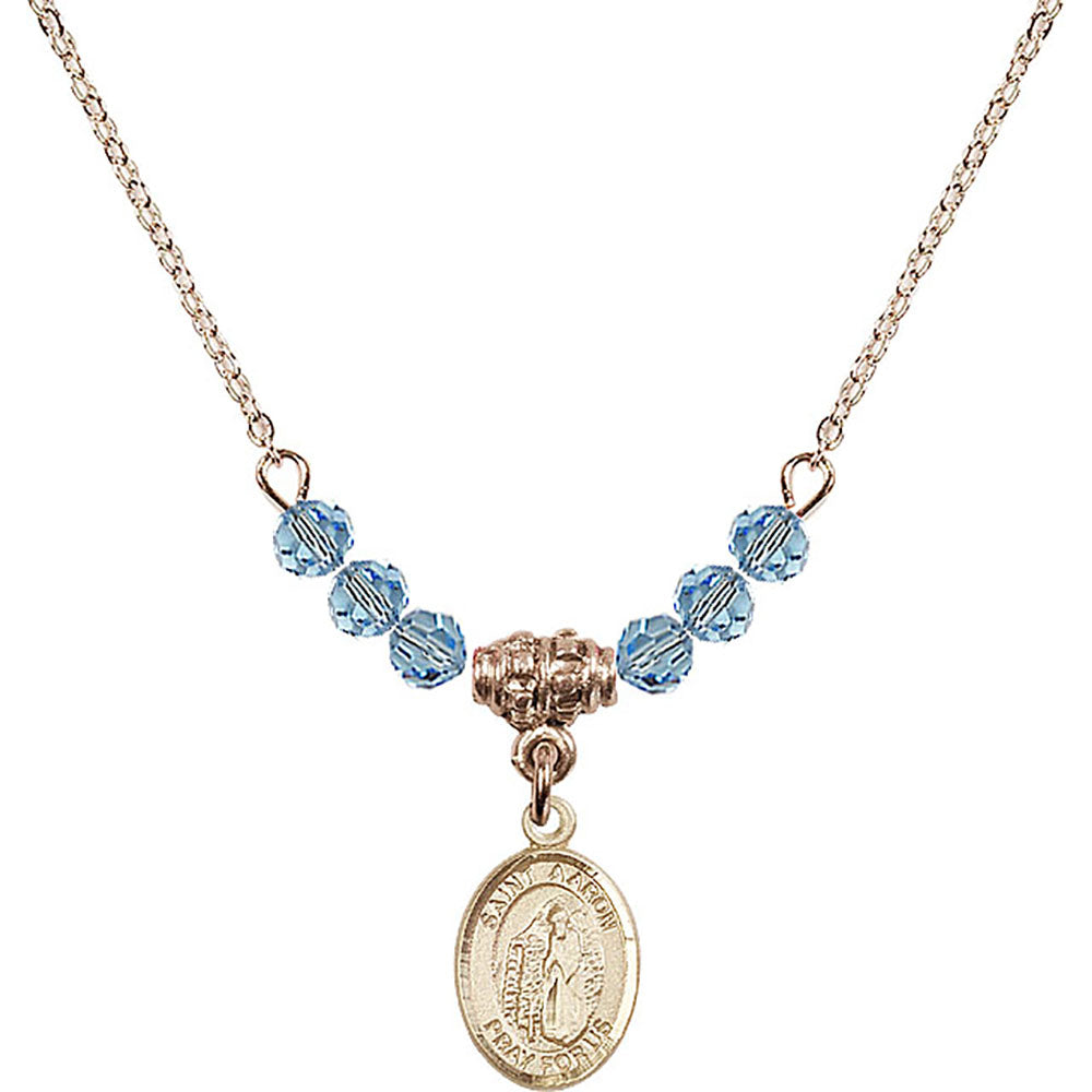 14kt Gold Filled Saint Aaron Birthstone Necklace with Aqua Beads - 9254