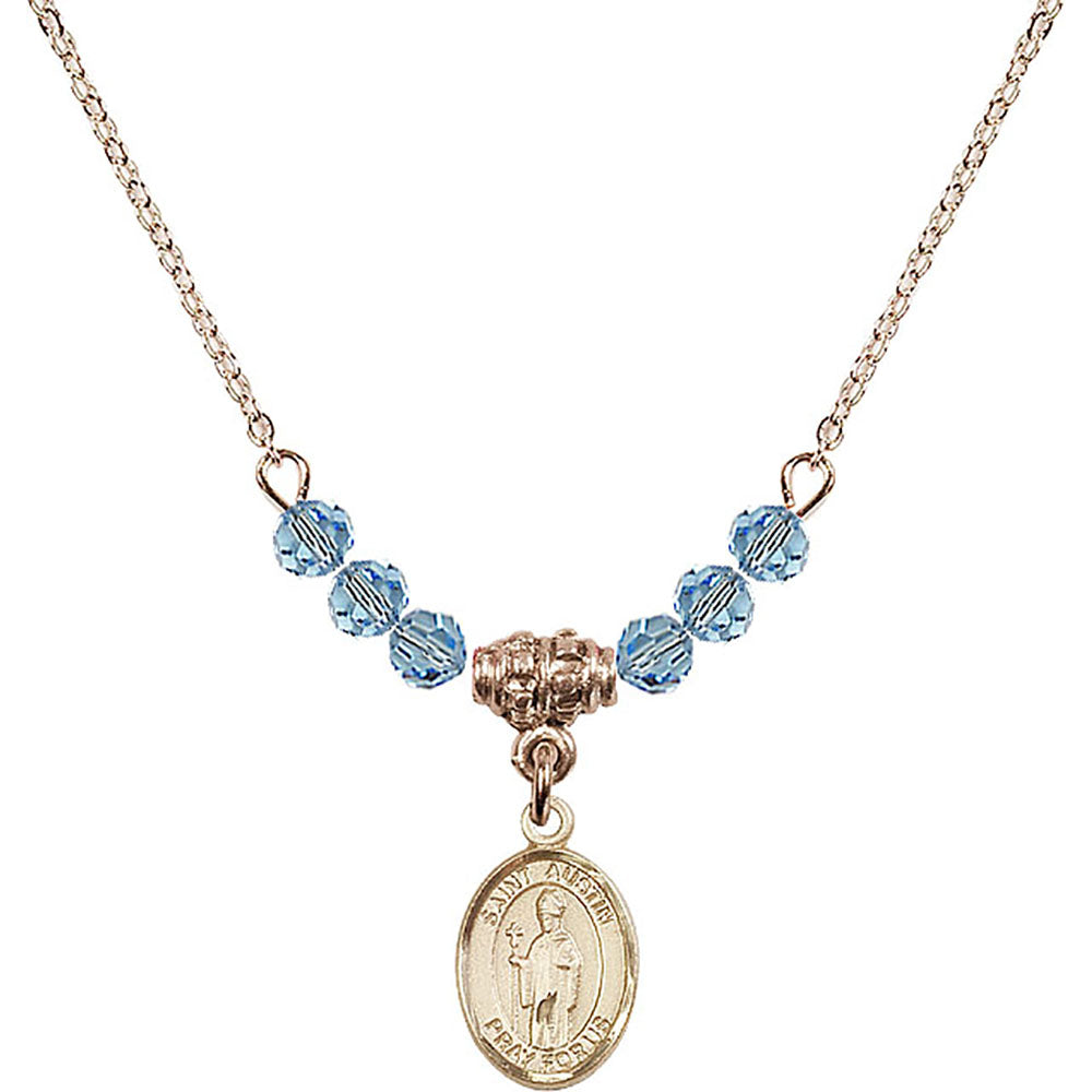 14kt Gold Filled Saint Austin Birthstone Necklace with Aqua Beads - 9256