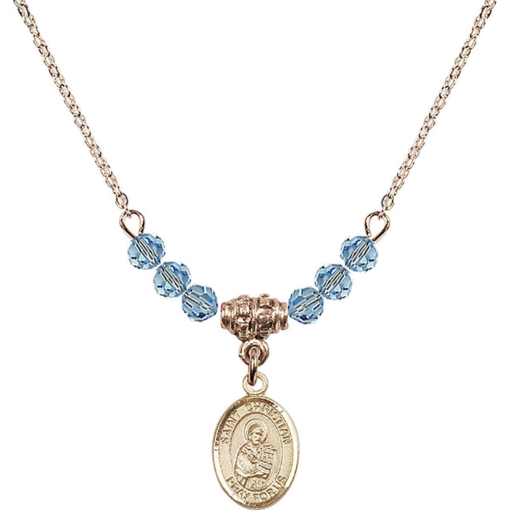 14kt Gold Filled Saint Christian Demosthenes Birthstone Necklace with Aqua Beads - 9257