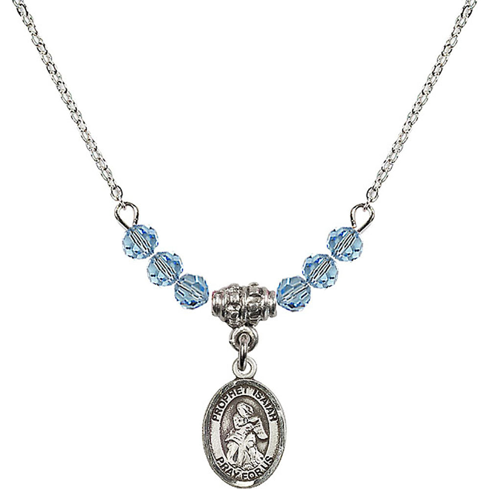 Sterling Silver Saint Isaiah Birthstone Necklace with Aqua Beads - 9258
