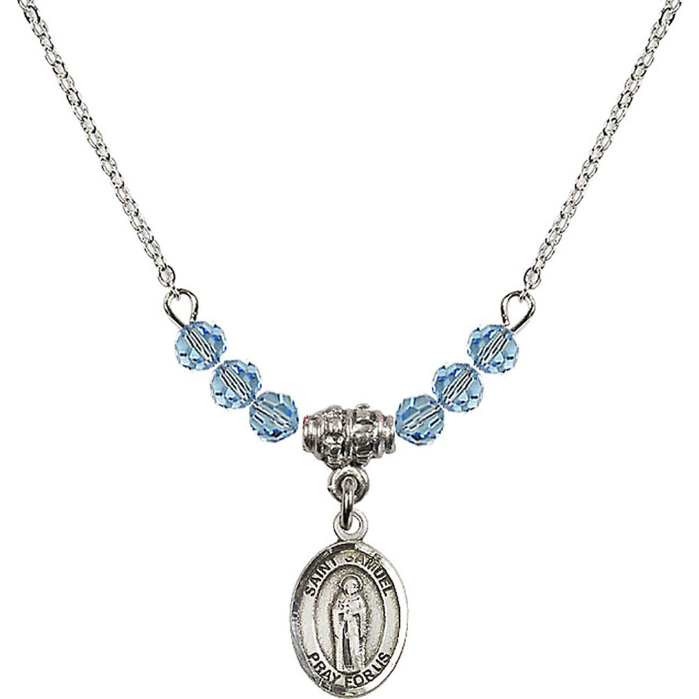 Sterling Silver Saint Samuel Birthstone Necklace with Aqua Beads - 9259