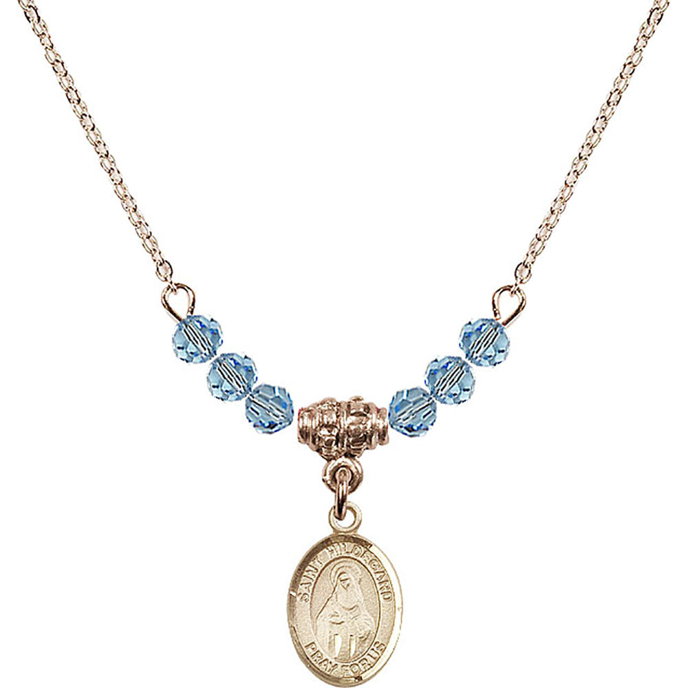 14kt Gold Filled Saint Hildegard von Bingen Birthstone Necklace with Aqua Beads - 9260