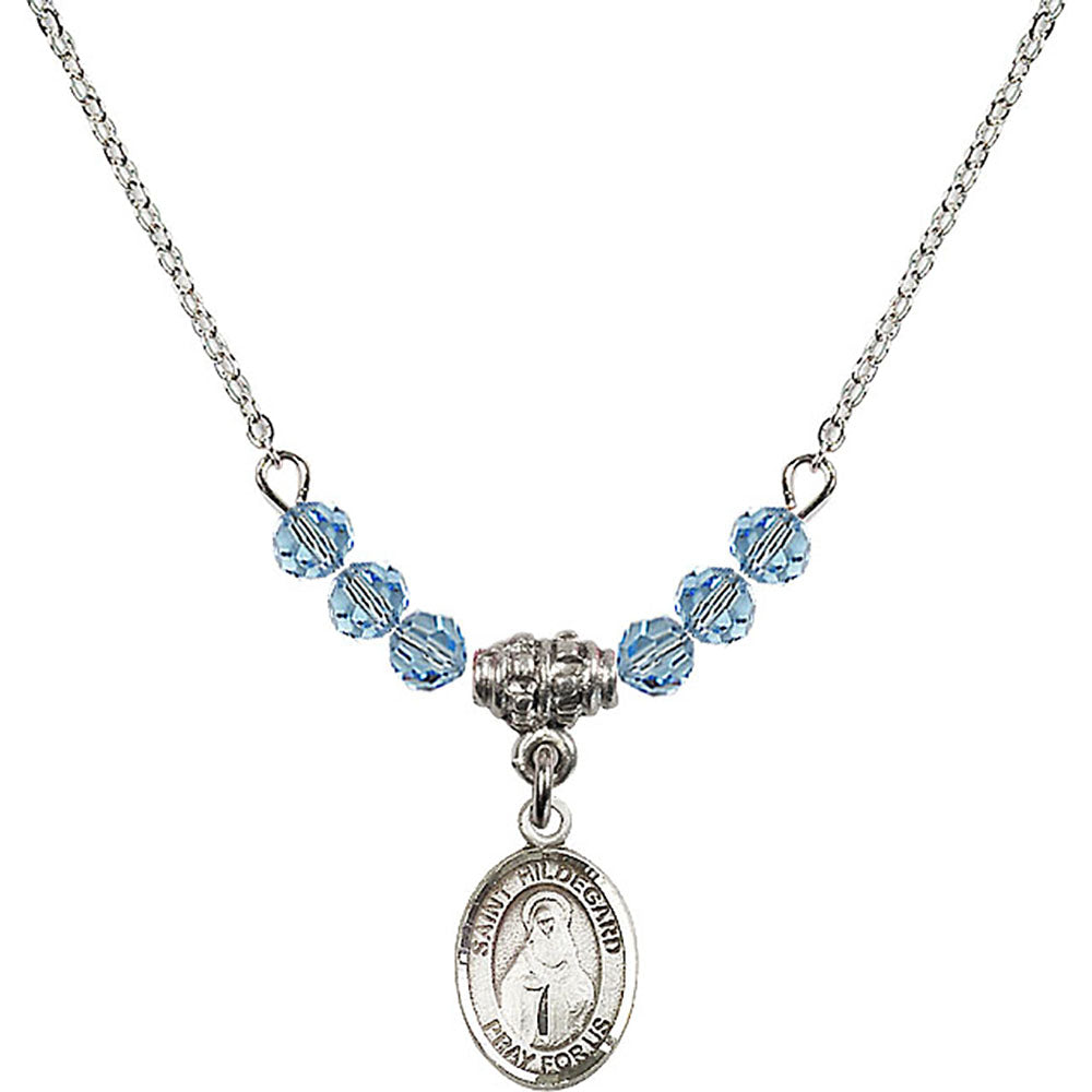 Sterling Silver Saint Hildegard von Bingen Birthstone Necklace with Aqua Beads - 9260