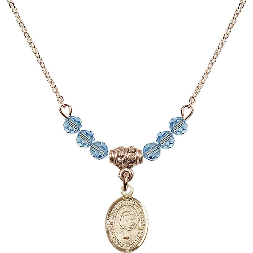 14kt Gold Filled Saint John Baptist de la Salle Birthstone Necklace with Aqua Beads - 9262