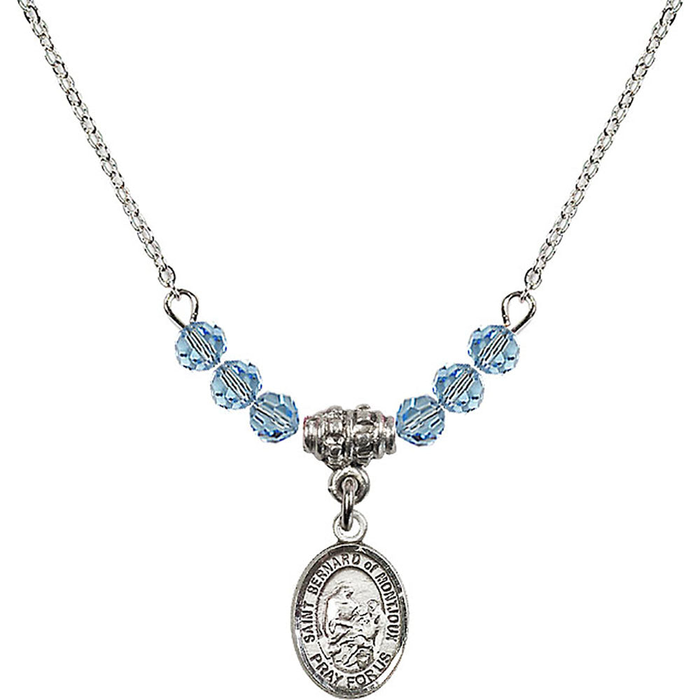 Sterling Silver Saint Bernard of Montjoux Birthstone Necklace with Aqua Beads - 9264