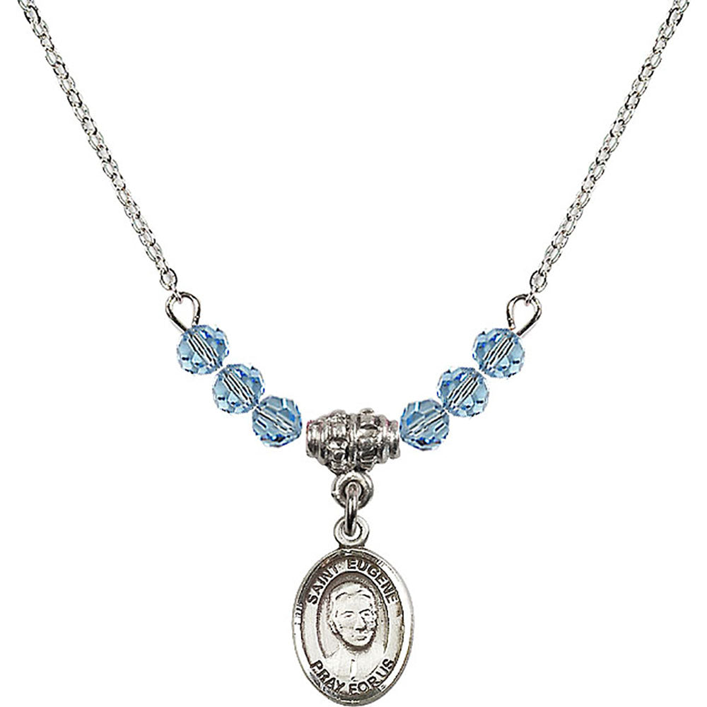 Sterling Silver Saint Eugene de Mazenod Birthstone Necklace with Aqua Beads - 9266
