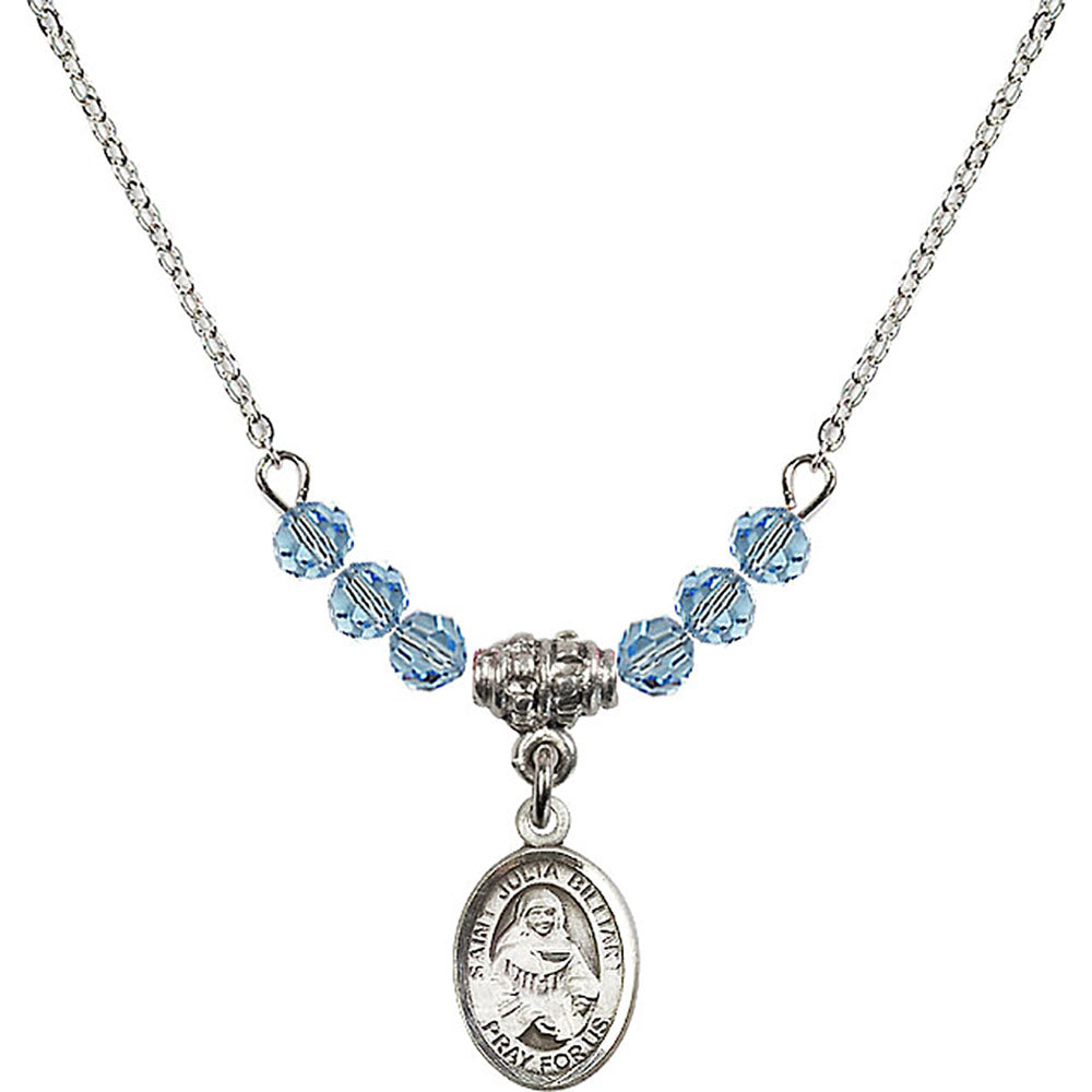 Sterling Silver Saint Julia Billiart Birthstone Necklace with Aqua Beads - 9267
