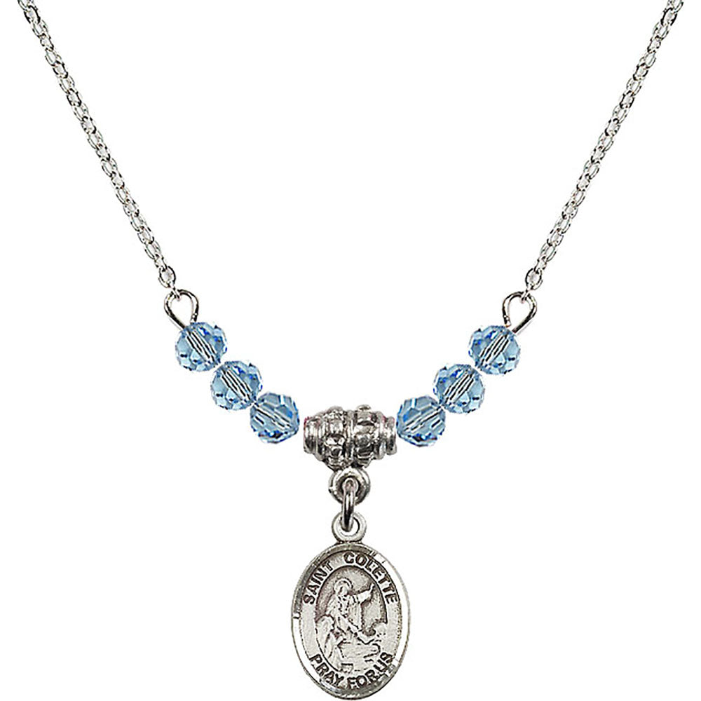 Sterling Silver Saint Colette Birthstone Necklace with Aqua Beads - 9268