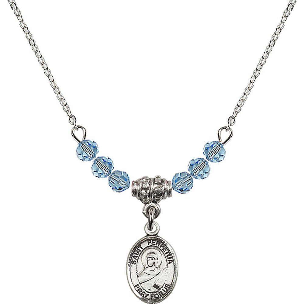 Sterling Silver Saint Perpetua Birthstone Necklace with Aqua Beads - 9272