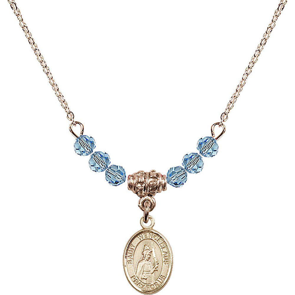 14kt Gold Filled Saint Wenceslaus Birthstone Necklace with Aqua Beads - 9273