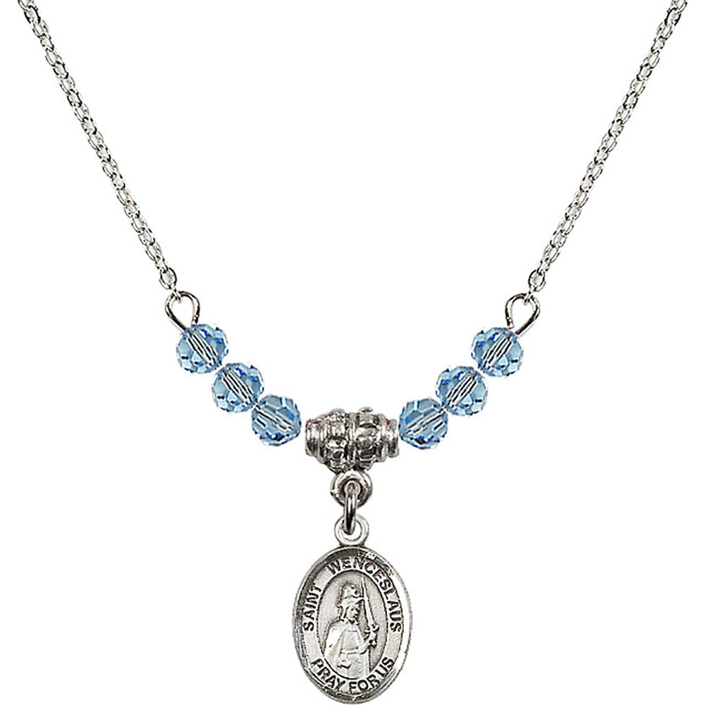 Sterling Silver Saint Wenceslaus Birthstone Necklace with Aqua Beads - 9273