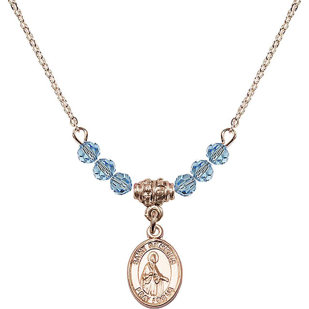 14kt Gold Filled Saint Remigius of Reims Birthstone Necklace with Aqua Beads - 9274