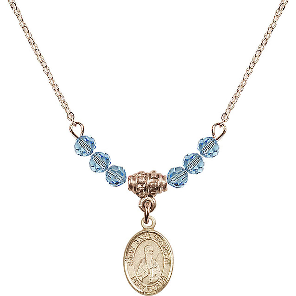 14kt Gold Filled Saint Basil the Great Birthstone Necklace with Aqua Beads - 9275