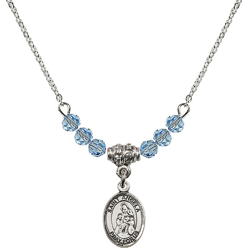 Sterling Silver Saint Angela Merici Birthstone Necklace with Aqua Beads - 9284