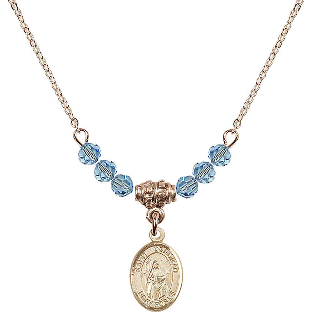 14kt Gold Filled Saint Deborah Birthstone Necklace with Aqua Beads - 9286