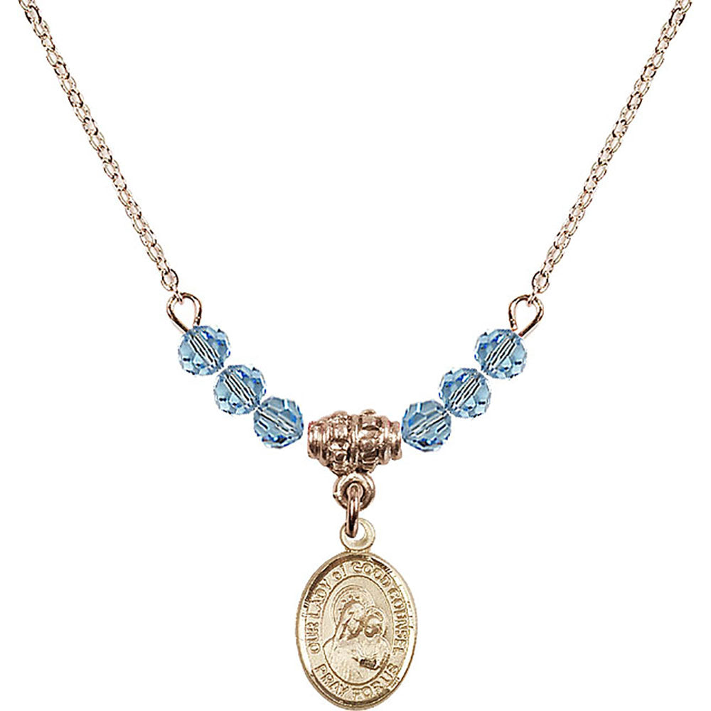 14kt Gold Filled Our Lady of Good Counsel Birthstone Necklace with Aqua Beads - 9287