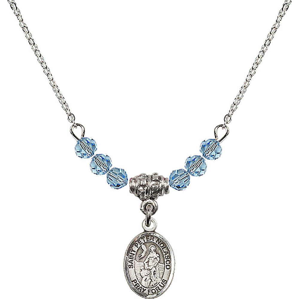 Sterling Silver Saint Peter Nolasco Birthstone Necklace with Aqua Beads - 9291