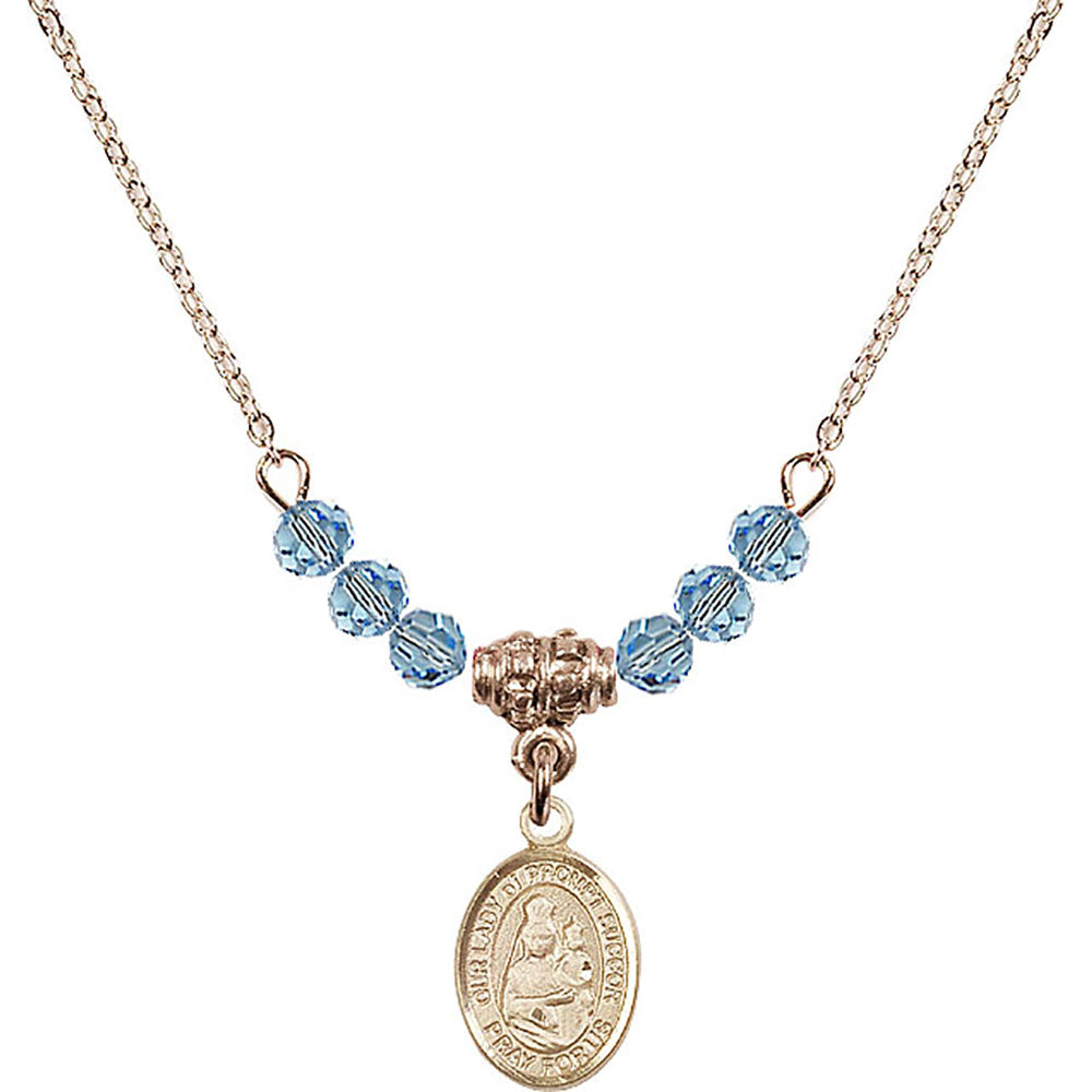 14kt Gold Filled Our Lady of Prompt Succor Birthstone Necklace with Aqua Beads - 9299