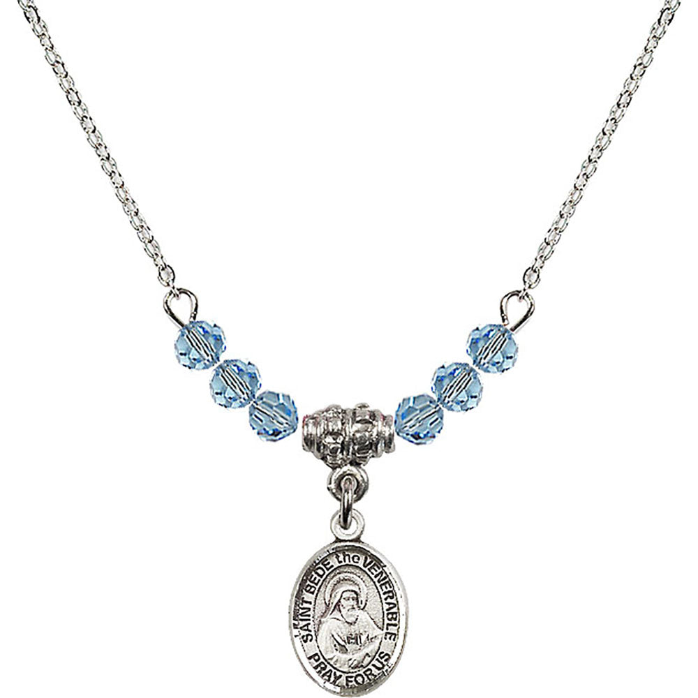 Sterling Silver Saint Bede the Venerable Birthstone Necklace with Aqua Beads - 9302