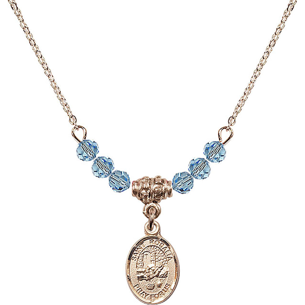14kt Gold Filled Saint Rosalia Birthstone Necklace with Aqua Beads - 9309