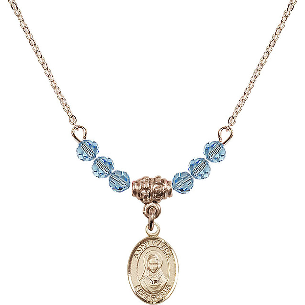 14kt Gold Filled Saint Rafka Birthstone Necklace with Aqua Beads - 9338