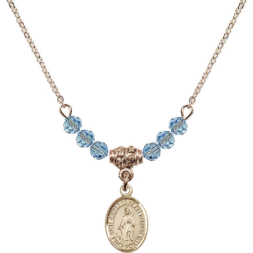14kt Gold Filled Saint Catherine of Alexandria Birthstone Necklace with Aqua Beads - 9343