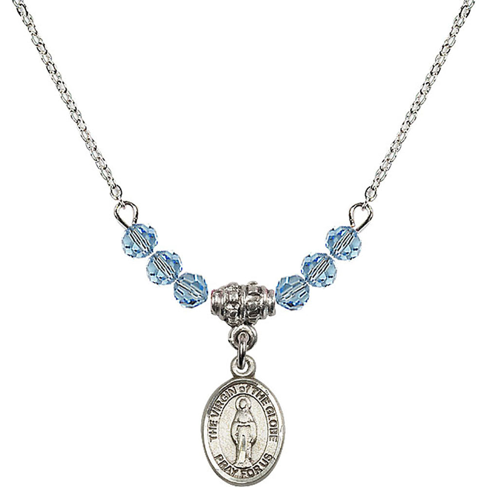 Sterling Silver Virgin of the Globe Birthstone Necklace with Aqua Beads - 9345