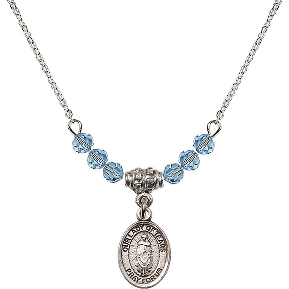 Sterling Silver Our Lady of Tears Birthstone Necklace with Aqua Beads - 9346