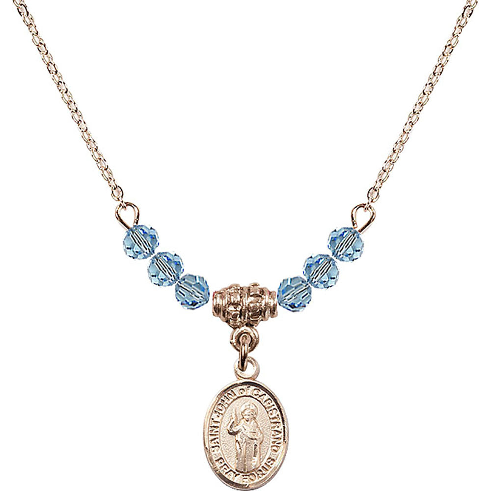 14kt Gold Filled Saint John of Capistrano Birthstone Necklace with Aqua Beads - 9350