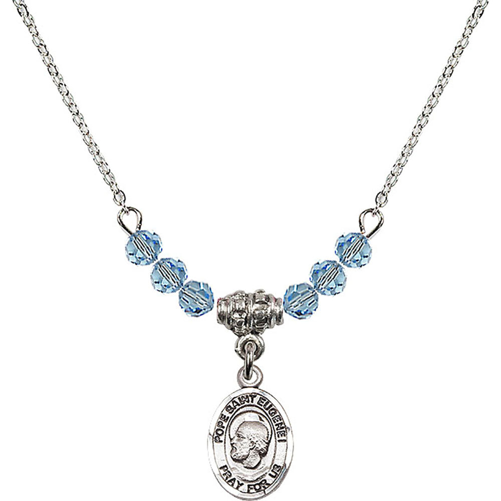 Sterling Silver Pope Saint Eugene I Birthstone Necklace with Aqua Beads - 9352