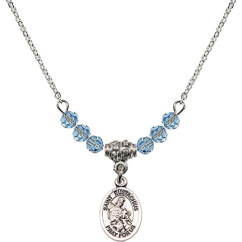 Sterling Silver Saint Eustachius Birthstone Necklace with Aqua Beads - 9356
