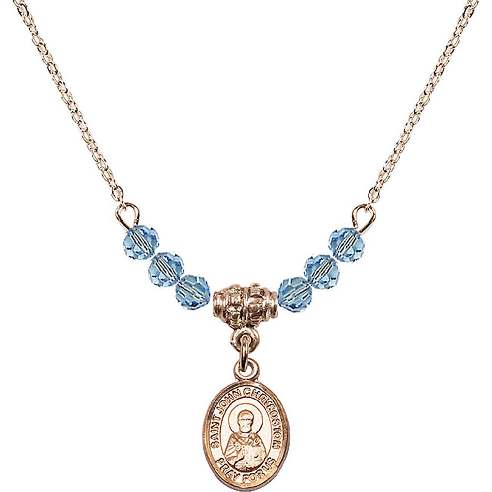 14kt Gold Filled Saint John Chrysostom Birthstone Necklace with Aqua Beads - 9357