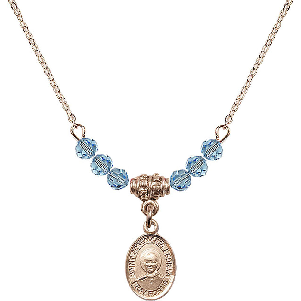 14kt Gold Filled Saint Josemaria Escriva Birthstone Necklace with Aqua Beads - 9362