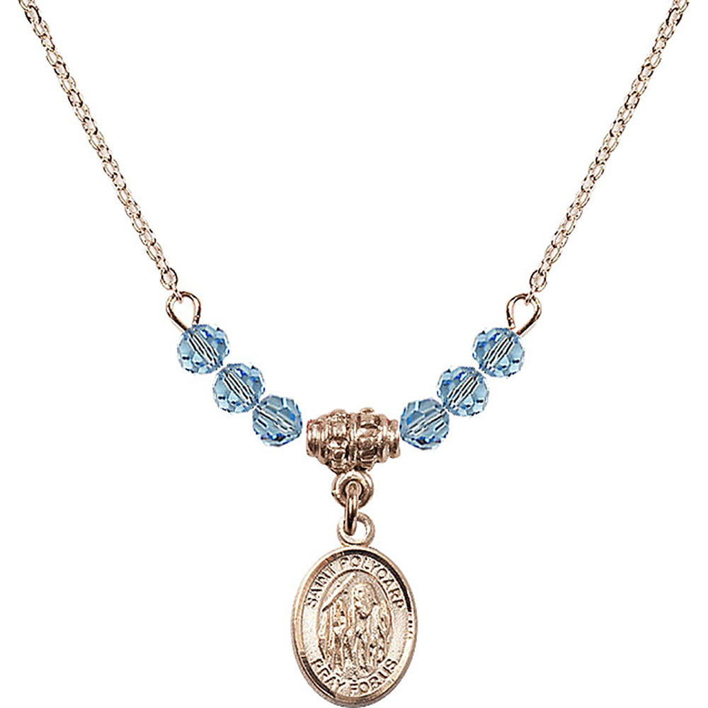 14kt Gold Filled Saint Polycarp of Smyrna Birthstone Necklace with Aqua Beads - 9363