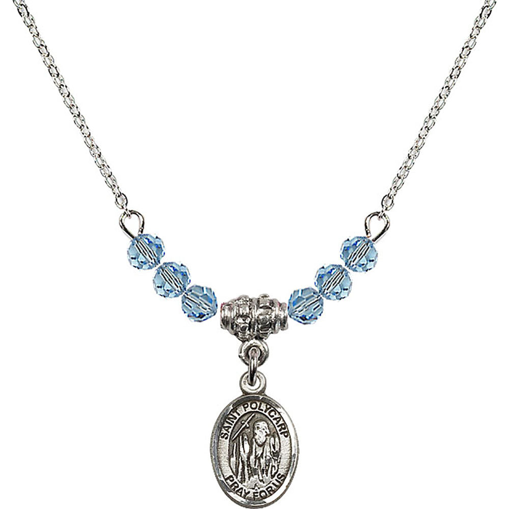 Sterling Silver Saint Polycarp of Smyrna Birthstone Necklace with Aqua Beads - 9363