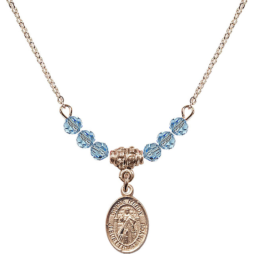 14kt Gold Filled Divine Mercy Birthstone Necklace with Aqua Beads - 9366