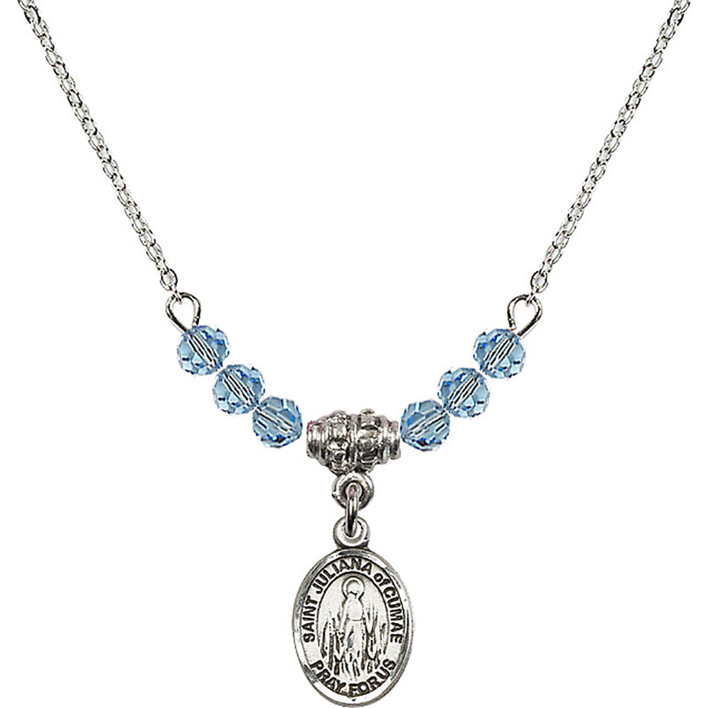 Sterling Silver Saint Juliana of Cumae Birthstone Necklace with Aqua Beads - 9372
