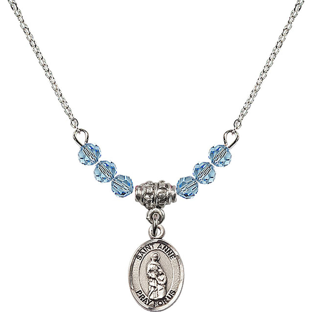 Sterling Silver Saint Anne Birthstone Necklace with Aqua Beads - 9374