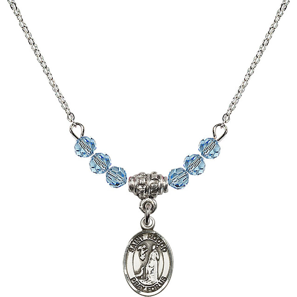 Sterling Silver Saint Rocco Birthstone Necklace with Aqua Beads - 9377