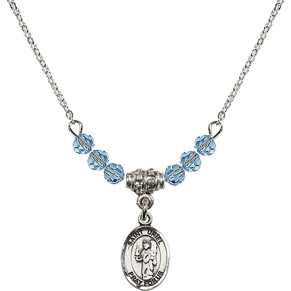 Sterling Silver Saint Uriel the Archangel Birthstone Necklace with Aqua Beads - 9378