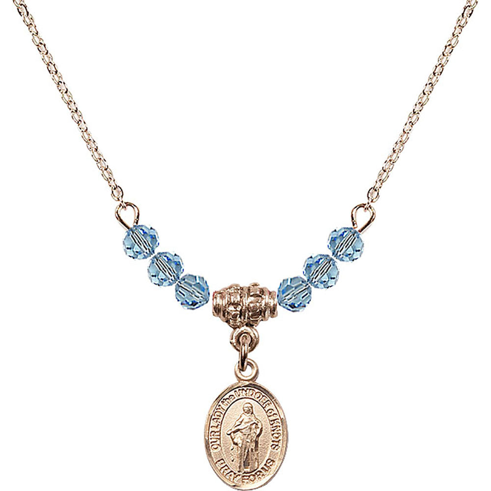 14kt Gold Filled Our Lady the Undoer of Knots Birthstone Necklace with Aqua Beads - 9383