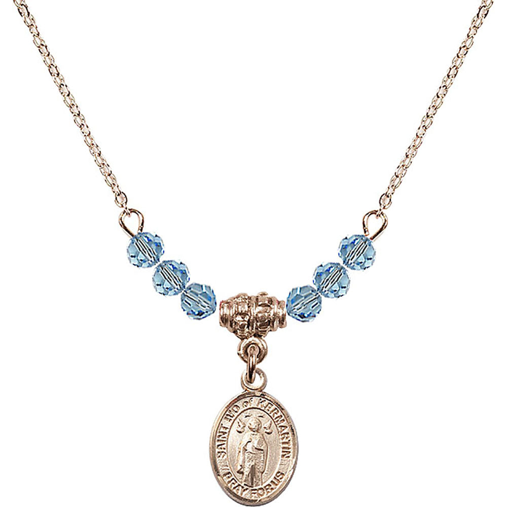 14kt Gold Filled Saint Ivo of Kelmartin Birthstone Necklace with Aqua Beads - 9384