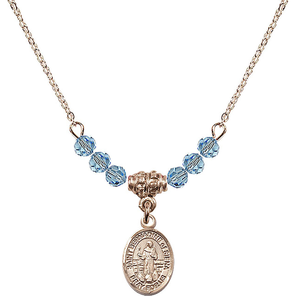 14kt Gold Filled Saint Bernadine of Sienna Birthstone Necklace with Aqua Beads - 9387